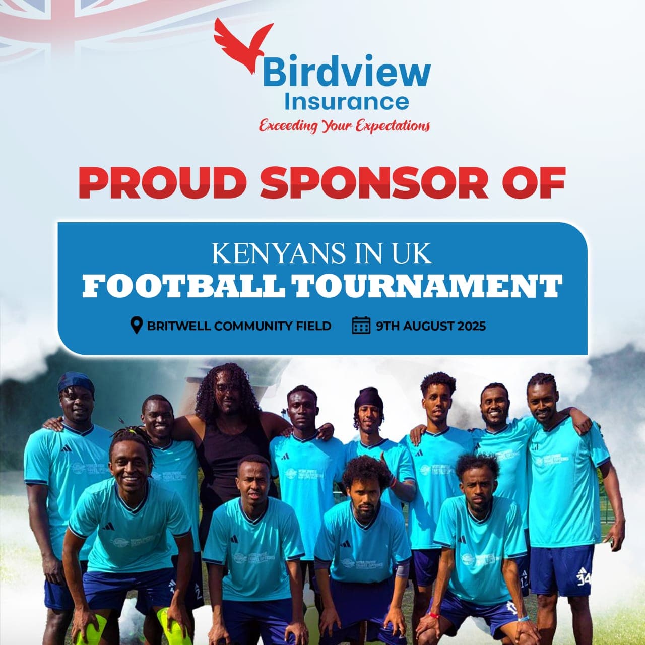 Birdview Insurance sponsors of the Kenyans in the UK Football Tournament 2025 at Britwell Community Field, Slough, on Saturday, August 9
